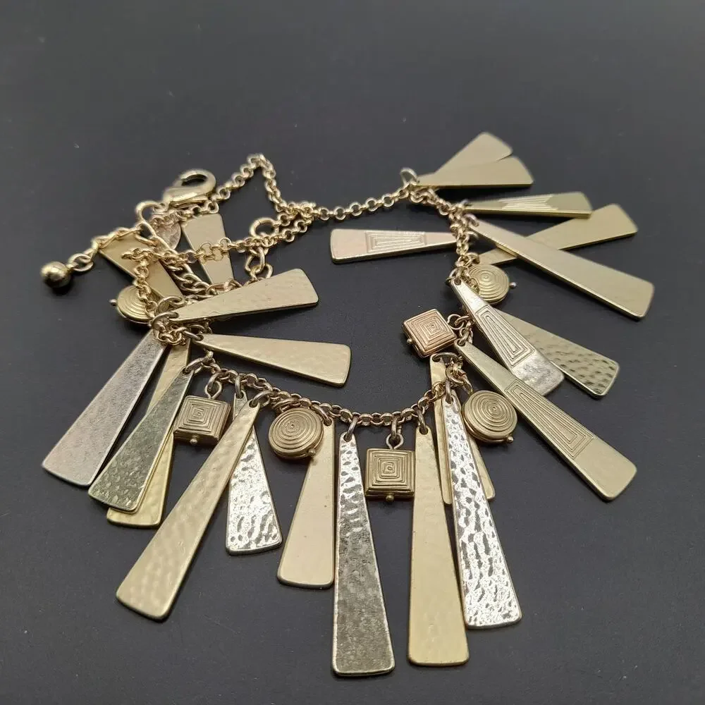 Chico's Gold Metal Fringe Necklace, Swirled Charm Accents, 18 1/2